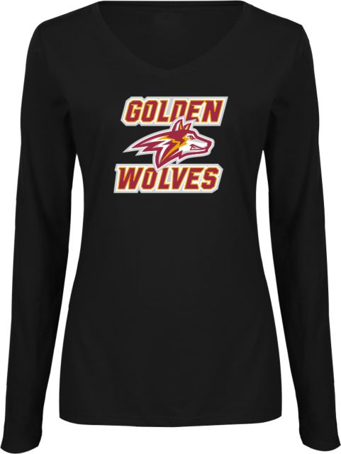 Alvernia Womens Long Sleeve V Neck Tee Golden Wolves with Wolf Head - ONLINE ONLY