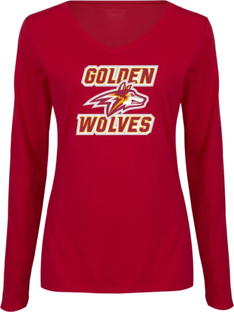 Alvernia Womens Long Sleeve V Neck Tee Golden Wolves with Wolf Head - ONLINE ONLY