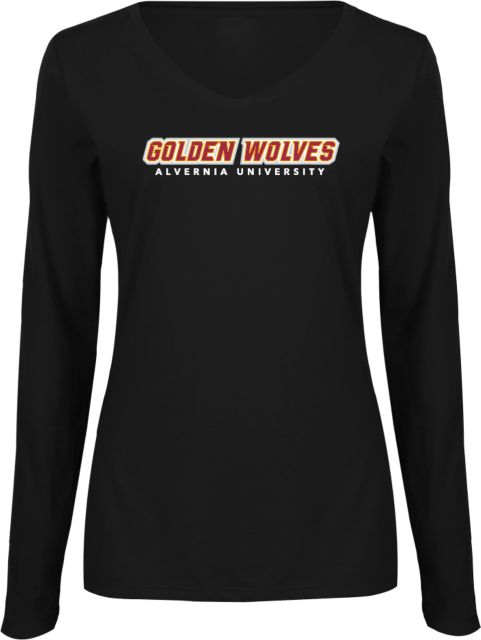 Alvernia Womens Long Sleeve V Neck Tee Golden Wolves Wordmark - ONLINE ONLY