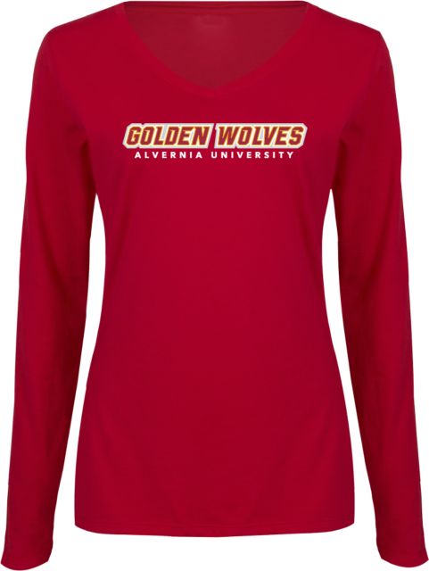 Alvernia Womens Long Sleeve V Neck Tee Golden Wolves Wordmark - ONLINE ONLY