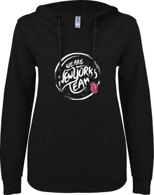 St. Johns ENZA Ladies V Notch Raw Edge Fleece Hoodie We are New Yorks Team - ONLINE ONLY