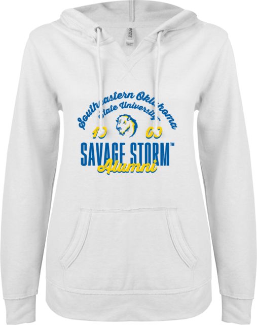 Southeastern Oklahoma State ENZA Womens V Notch Raw Edge Fleece Hoodie Savage Storm Alumni - ONLINE ONLY