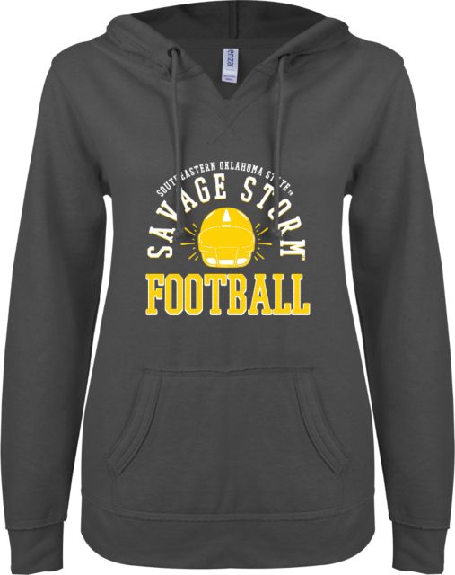 Southeastern Oklahoma State ENZA Womens V Notch Raw Edge Fleece Hoodie Savage Storm Football Design - ONLINE ONLY