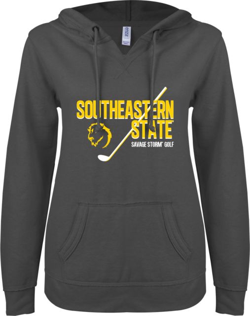 Southeastern Oklahoma State ENZA Womens V Notch Raw Edge Fleece Hoodie Southeastern Oklahoma State Golf Design - ONLINE ONLY