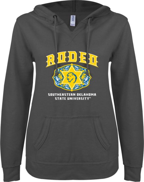Southeastern Oklahoma State ENZA Womens V Notch Raw Edge Fleece Hoodie Southeastern Oklahoma State Rodeo Design - ONLINE ONLY