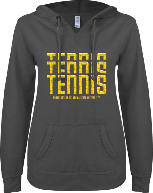 Southeastern Oklahoma State ENZA Womens V Notch Raw Edge Fleece Hoodie Southeastern Oklahoma State Tennis Design - ONLINE ONLY