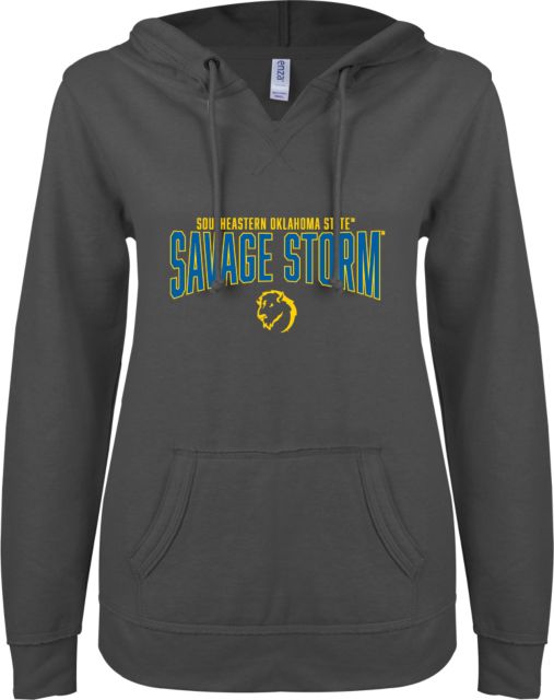 Southeastern Oklahoma State ENZA Womens V Notch Raw Edge Fleece Hoodie Southeastern Oklahoma State over Savage Storm - ONLINE ONLY