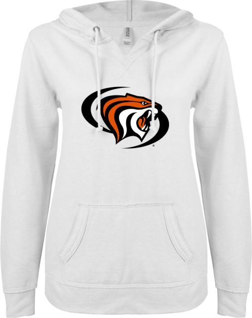 Pacific Tigers ENZA Ladies V Notch Raw Edge Fleece Hoodie Pacific Powercat Primary Mark - ONLINE ONLY