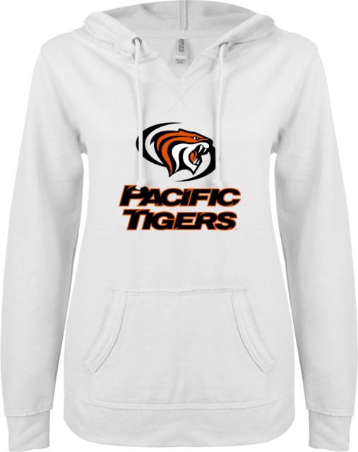 Pacific Tigers ENZA Ladies V Notch Raw Edge Fleece Hoodie Pacific Powercat Secondary Mark - ONLINE ONLY