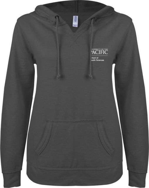 Pacific Tigers ENZA Womens V Notch Raw Edge Fleece Hoodie School of Health Sciences Stacked - ONLINE ONLY