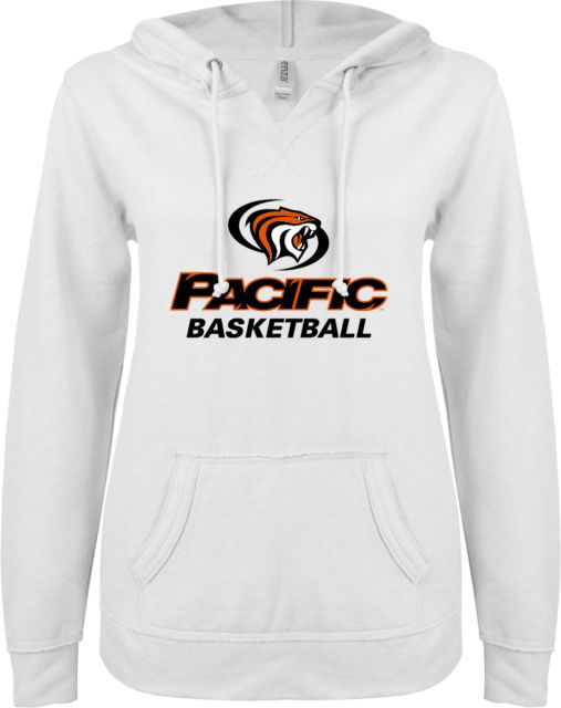 Pacific Tigers ENZA Ladies V Notch Raw Edge Fleece Hoodie Pacific Basketball - ONLINE ONLY