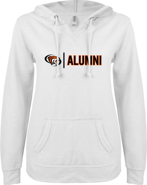 Pacific Tigers ENZA Ladies V Notch Raw Edge Fleece Hoodie Pacific Alumni - ONLINE ONLY