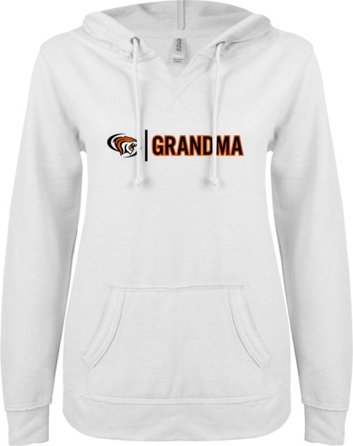 Pacific Tigers ENZA Ladies V Notch Raw Edge Fleece Hoodie Pacific Grandma - ONLINE ONLY