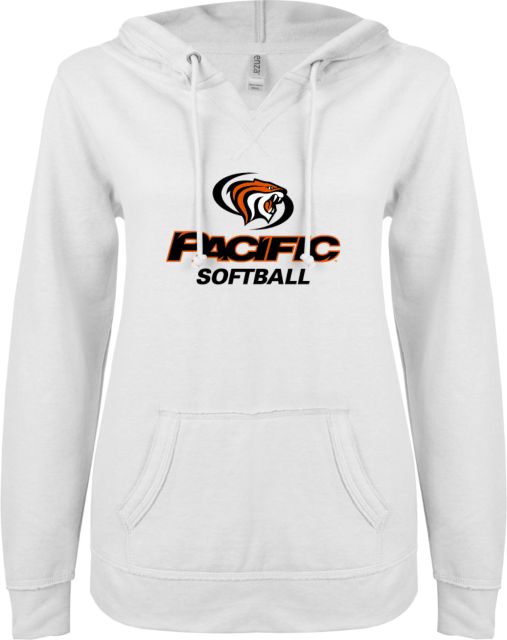 Pacific Tigers ENZA Womens V Notch Raw Edge Fleece Hoodie Pacific Softball - ONLINE ONLY