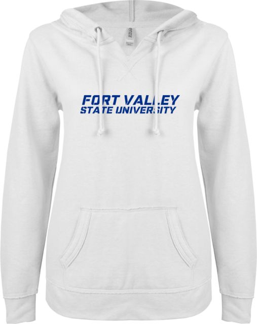 Fort Valley State ENZA Ladies V Notch Raw Edge Fleece Hoodie Wordmark - ONLINE ONLY