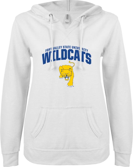 Fort Valley State ENZA Ladies V Notch Raw Edge Fleece Hoodie Arched Wildcats - ONLINE ONLY