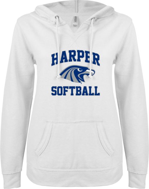 Harper College ENZA Ladies V Notch Raw Edge Fleece Hoodie Softball - ONLINE ONLY