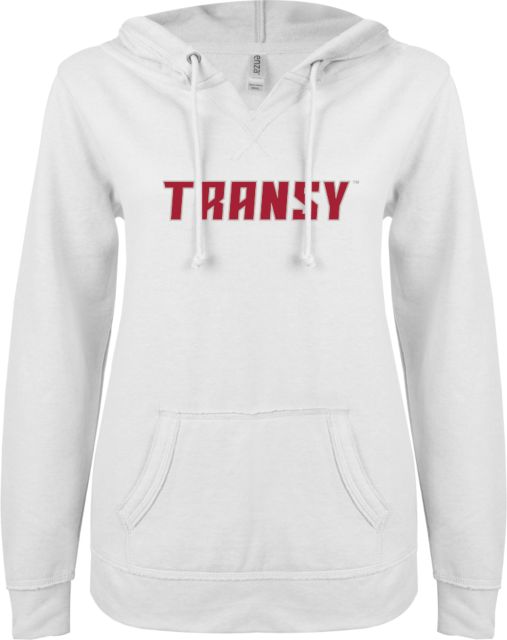 Transylvania ENZA Ladies V Notch Raw Edge Fleece Hoodie Athletics Wordmark - ONLINE ONLY