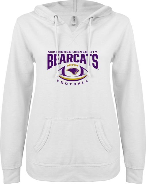 McKendree ENZA Ladies V Notch Raw Edge Fleece Hoodie Bearcats Football Arched Over Ball - ONLINE ONLY