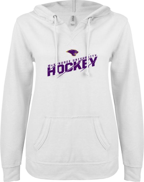McKendree ENZA Ladies V Notch Raw Edge Fleece Hoodie McKendree University Hockey Slashed - ONLINE ONLY