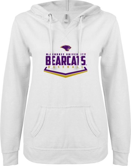 McKendree ENZA Ladies V Notch Raw Edge Fleece Hoodie Bearcats Baseball Plate - ONLINE ONLY