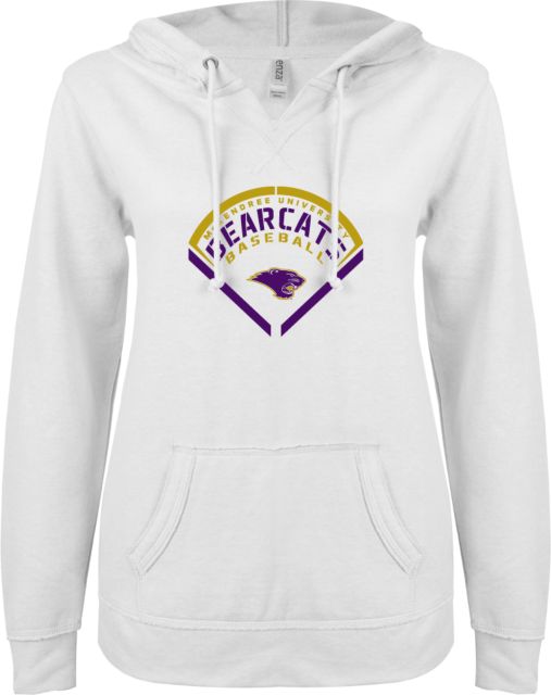 McKendree ENZA Ladies V Notch Raw Edge Fleece Hoodie Bearcats Baseball Stencil Diamond - ONLINE ONLY