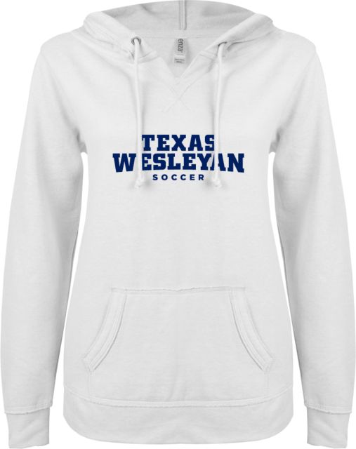 Texas Wesleyan ENZA Ladies V Notch Raw Edge Fleece Hoodie Soccer - ONLINE ONLY
