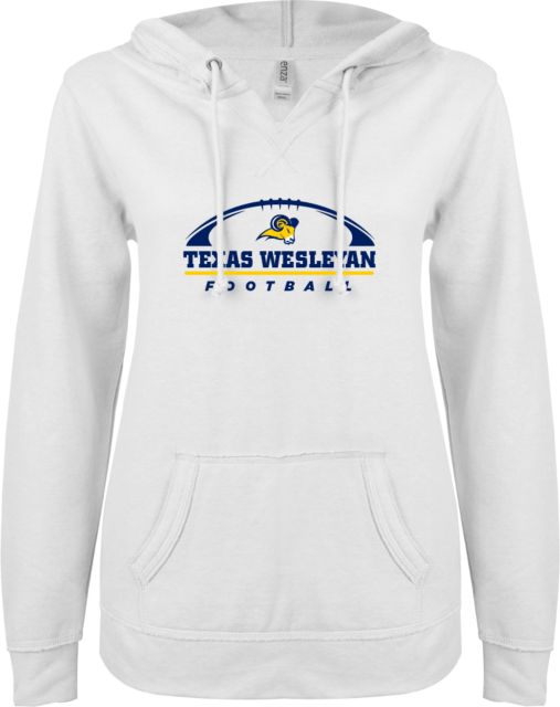 Texas Wesleyan ENZA Ladies V Notch Raw Edge Fleece Hoodie Football Design - ONLINE ONLY