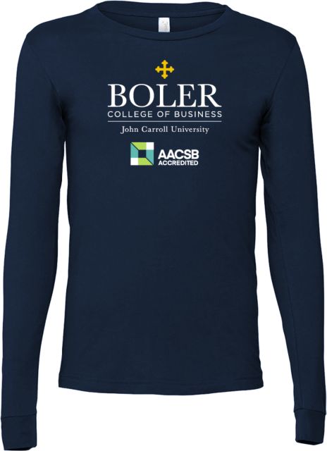 John Carroll Bella + Canvas Jersey Cotton Long Sleeve T Shirt Boler College of Business Stacked - ONLINE ONLY