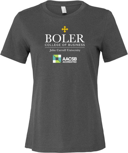 John Carroll Bella + Canvas Womens Asphalt Relaxed Cotton T Shirt Boler College of Business Stacked - ONLINE ONLY