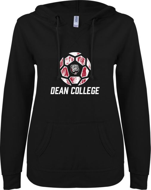 Dean College ENZA Ladies V Notch Raw Edge Fleece Hoodie Distressed Soccer Design - ONLINE ONLY