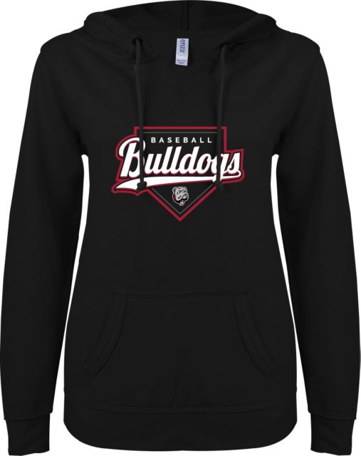 Dean College ENZA Ladies V Notch Raw Edge Fleece Hoodie Baseball Plate Design - ONLINE ONLY