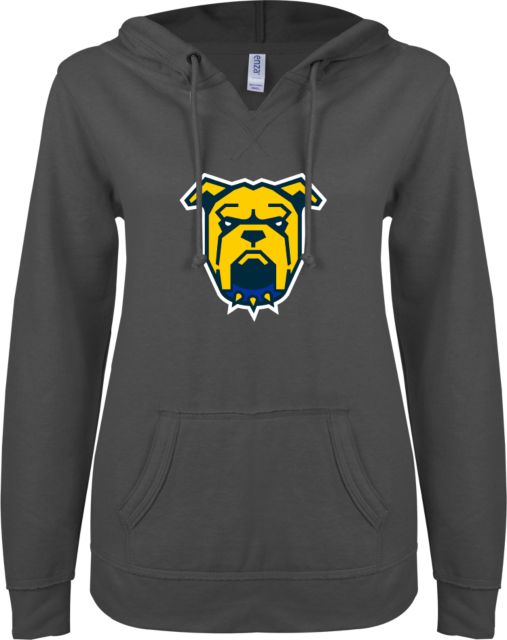 Allan Hancock ENZA Womens V Notch Raw Edge Fleece Hoodie Allan Hancock College Bulldogs Mascot Head - ONLINE ONLY