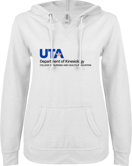 UTA ENZA Ladies V Notch Raw Edge Fleece Hoodie Department of Kinesiology Stacked - ONLINE ONLY