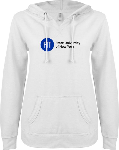 Fashion Institute ENZA Womens V Notch Raw Edge Fleece Hoodie FIT State University of New York - Wordmark - ONLINE ONLY
