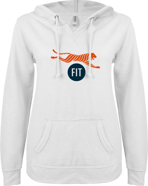 Fashion Institute ENZA Womens V Notch Raw Edge Fleece Hoodie FIT - Tiger Mascot with Circle Emblem - ONLINE ONLY