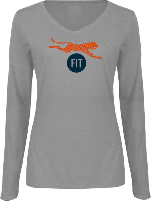 Fashion Institute Womens Long Sleeve V Neck Tee  FIT - Tiger Mascot with Circle Emblem - ONLINE ONLY