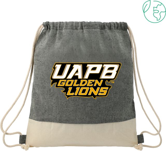 Arkansas Pine Bluff Split Recycled Cotton Drawstring Bag UAPB Golden Lions Stacked - ONLINE ONLY