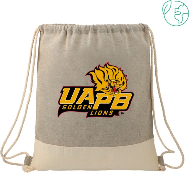 Arkansas Pine Bluff Split Recycled Cotton Grey/Natural Drawstring Bag UAPB Lion Head Stacked - ONLINE ONLY