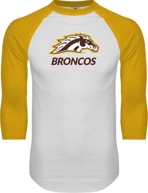 Western Michigan White/Gold Raglan Baseball T Shirt Broncos with Bronco Head Mascot - ONLINE ONLY