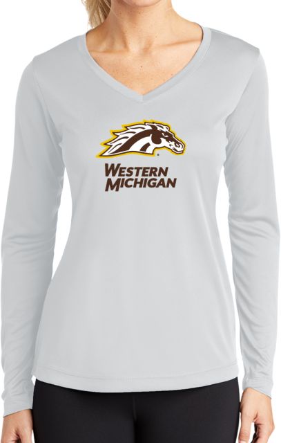 Western Michigan Womens Performance Long Sleeve V Neck Shirt Western Michigan with Bronco Head Mascot - ONLINE ONLY