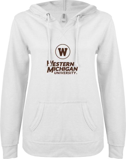 Western Michigan ENZA Womens V Notch Raw Edge Fleece Hoodie Western Michigan University Stacked - ONLINE ONLY