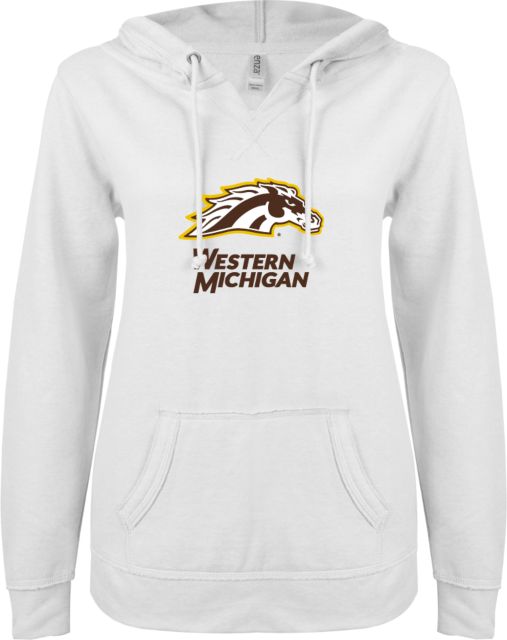 Western Michigan ENZA Womens V Notch Raw Edge Fleece Hoodie Western Michigan with Bronco Head Mascot - ONLINE ONLY