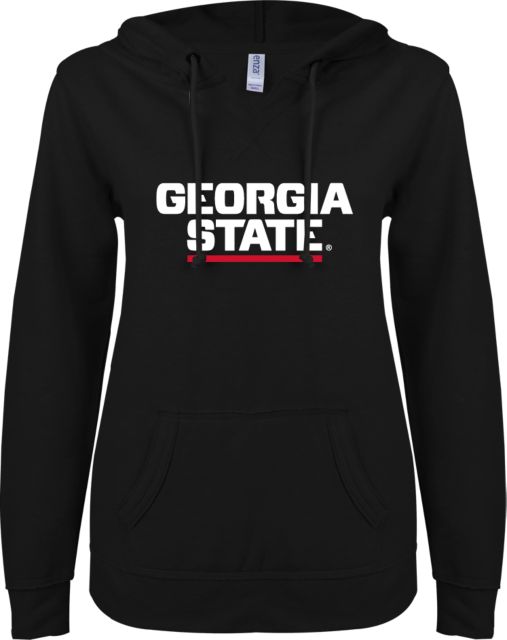 Georgia State ENZA Womens V Notch Raw Edge Fleece Hoodie Stacked Logo - ONLINE ONLY