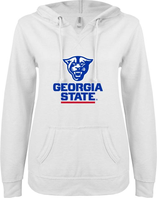 Georgia State ENZA Womens V Notch Raw Edge Fleece Hoodie Primary Logo - ONLINE ONLY