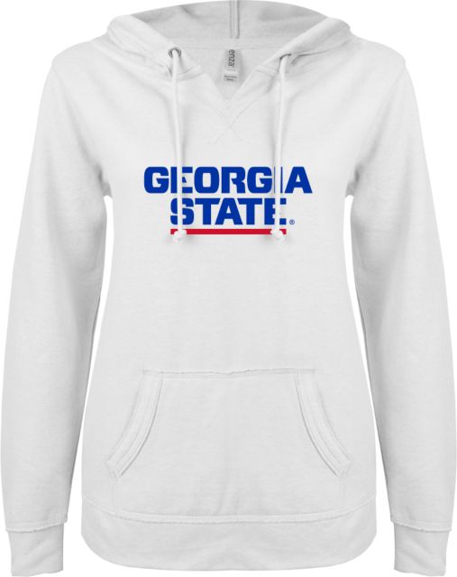 Georgia State ENZA Womens V Notch Raw Edge Fleece Hoodie Stacked Logo - ONLINE ONLY