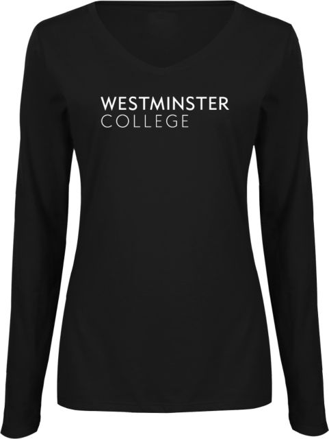 Westminster Womens Long Sleeve V Neck Tee  Westminster College Wordmark - ONLINE ONLY