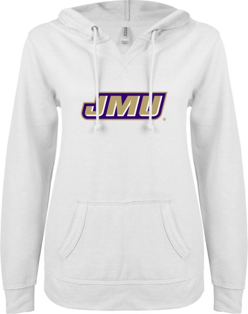 James Madison ENZA Ladies V Notch Raw Edge Fleece Hoodie Primary Logo - ONLINE ONLY