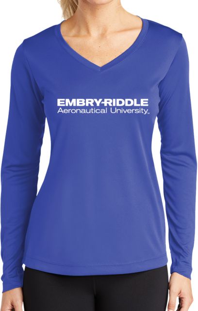 Embry Riddle Worldwide Womens Performance Long Sleeve V Neck Shirt ERAU Wordmark - ONLINE ONLY