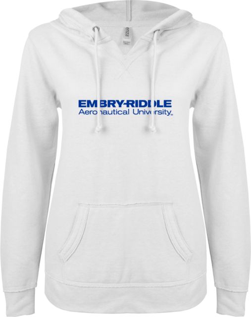 Embry Riddle Worldwide ENZA Womens V Notch Raw Edge Fleece Hoodie ERAU Wordmark - ONLINE ONLY